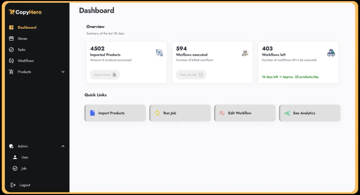 CopyHero dashboard overview